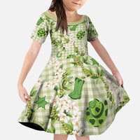 Mokihana Maile Ilima Leis Paniolo Palaka Family Matching Tank Maxi Dress and Hawaiian Shirt Hawaiian Omaomo Ala Spirit LT9 Daughter's Dress Green - Polynesian Pride