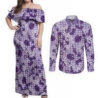 Mokihana Maile Ilima Leis Paniolo Palaka Couples Matching Off Shoulder Maxi Dress and Long Sleeve Button Shirt Hawaiian Poni Spirit - Polynesian Pride