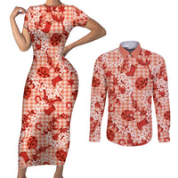 Mokihana Maile Ilima Leis Paniolo Palaka Couples Matching Short Sleeve Bodycon Dress and Long Sleeve Button Shirt Hawaiian Ulaula Spirit - Polynesian Pride