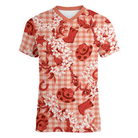 Mokihana Maile Ilima Leis Paniolo Palaka Women V-Neck T-Shirt Hawaiian Ulaula Spirit - Polynesian Pride