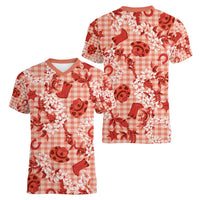 Mokihana Maile Ilima Leis Paniolo Palaka Women V-Neck T-Shirt Hawaiian Ulaula Spirit - Polynesian Pride