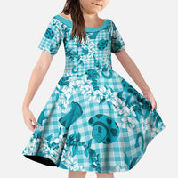 Mokihana Maile Ilima Leis Paniolo Palaka Family Matching Mermaid Dress and Hawaiian Shirt Hawaiian Polu Opa Spirit LT9 Daughter's Dress Turquoise - Polynesian Pride