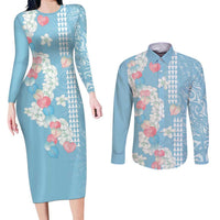 Blue Hawaii Anthurium Plumeria Lei Couples Matching Long Sleeve Bodycon Dress and Long Sleeve Button Shirt