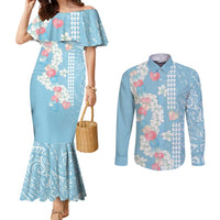 Blue Hawaii Anthurium Plumeria Lei Couples Matching Mermaid Dress and Long Sleeve Button Shirt LT9 Blue - Polynesian Pride