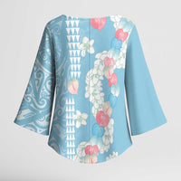 Blue Hawaii Anthurium Plumeria Lei Kimono Sleeve Blouse