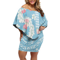 Blue Hawaii Anthurium Plumeria Lei Off Shoulder Short Dress