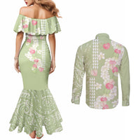 Leaf Green Hawaii Anthurium Plumeria Lei Couples Matching Mermaid Dress and Long Sleeve Button Shirt LT9 - Polynesian Pride