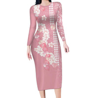 Soft Pink Hawaii Anthurium Plumeria Lei Long Sleeve Bodycon Dress LT9 Long Dress Pink - Polynesian Pride
