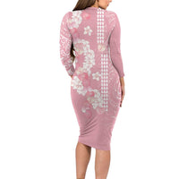 Soft Pink Hawaii Anthurium Plumeria Lei Long Sleeve Bodycon Dress LT9 - Polynesian Pride