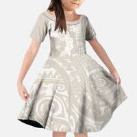 Suede Beige Hawaii Anthurium Plumeria Lei Family Matching Off Shoulder Maxi Dress and Hawaiian Shirt