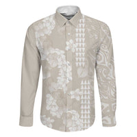 Suede Beige Hawaii Anthurium Plumeria Lei Family Matching Off Shoulder Maxi Dress and Hawaiian Shirt