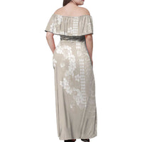 Suede Beige Hawaii Anthurium Plumeria Lei Family Matching Off Shoulder Maxi Dress and Hawaiian Shirt