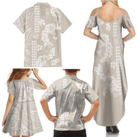 Suede Beige Hawaii Anthurium Plumeria Lei Family Matching Summer Maxi Dress and Hawaiian Shirt