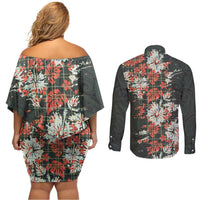 Hawaii Tartan With Hibiscus Couples Matching Off Shoulder Short Dress and Long Sleeve Button Shirt Polynesian Pattern Vintage LT9 - Polynesian Pride