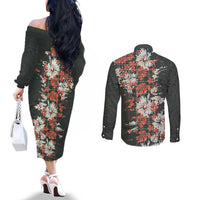 Hawaii Tartan With Hibiscus Couples Matching Off The Shoulder Long Sleeve Dress and Long Sleeve Button Shirt Polynesian Pattern Vintage