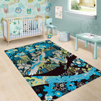 Japanese Hawaiian Crane Area Rug Blue Tapa Patchwork Pattern LT9 - Polynesian Pride