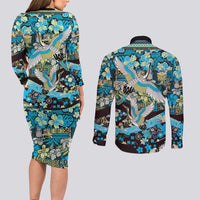 Japanese Hawaiian Crane Couples Matching Long Sleeve Bodycon Dress and Long Sleeve Button Shirt Blue Tapa Patchwork Pattern LT9 - Polynesian Pride