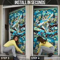 Japanese Hawaiian Crane Door Cover Blue Tapa Patchwork Pattern