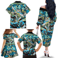 Japanese Hawaiian Crane Family Matching Off The Shoulder Long Sleeve Dress and Hawaiian Shirt Blue Tapa Patchwork Pattern