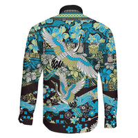 Japanese Hawaiian Crane Family Matching Off The Shoulder Long Sleeve Dress and Hawaiian Shirt Blue Tapa Patchwork Pattern