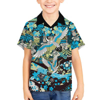Japanese Hawaiian Crane Family Matching Off The Shoulder Long Sleeve Dress and Hawaiian Shirt Blue Tapa Patchwork Pattern