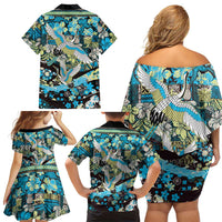 Japanese Hawaiian Crane Family Matching Off Shoulder Short Dress and Hawaiian Shirt Blue Tapa Patchwork Pattern LT9 - Polynesian Pride