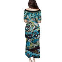 Japanese Hawaiian Crane Family Matching Puletasi and Hawaiian Shirt Blue Tapa Patchwork Pattern LT9 - Polynesian Pride