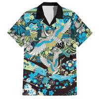 Japanese Hawaiian Crane Hawaiian Shirt Blue Tapa Patchwork Pattern