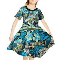 Japanese Hawaiian Crane Kid Short Sleeve Dress Blue Tapa Patchwork Pattern LT9 - Polynesian Pride