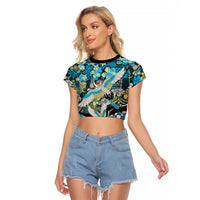 Japanese Hawaiian Crane Raglan Cropped T Shirt Blue Tapa Patchwork Pattern LT9 Female Blue - Polynesian Pride