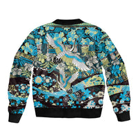 Japanese Hawaiian Crane Sleeve Zip Bomber Jacket Blue Tapa Patchwork Pattern LT9 - Polynesian Pride
