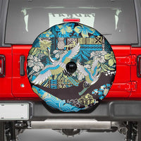 Japanese Hawaiian Crane Spare Tire Cover Blue Tapa Patchwork Pattern LT9 - Polynesian Pride
