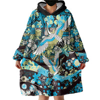 Japanese Hawaiian Crane Wearable Blanket Hoodie Blue Tapa Patchwork Pattern LT9 - Polynesian Pride