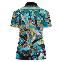 Japanese Hawaiian Crane Women Polo Shirt Blue Tapa Patchwork Pattern LT9 - Polynesian Pride