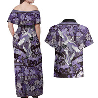 Japanese Hawaiian Crane Couples Matching Off Shoulder Maxi Dress and Hawaiian Shirt Purple Tapa Patchwork Pattern LT9 - Polynesian Pride