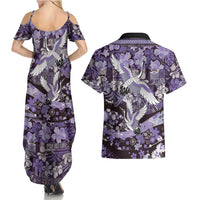 Japanese Hawaiian Crane Couples Matching Summer Maxi Dress and Hawaiian Shirt Purple Tapa Patchwork Pattern