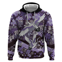 Japanese Hawaiian Crane Hoodie Purple Tapa Patchwork Pattern LT9 Pullover Hoodie Purple - Polynesian Pride