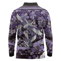Japanese Hawaiian Crane Long Sleeve Polo Shirt Purple Tapa Patchwork Pattern LT9 - Polynesian Pride