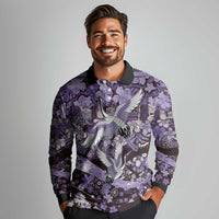 Japanese Hawaiian Crane Long Sleeve Polo Shirt Purple Tapa Patchwork Pattern LT9 - Polynesian Pride