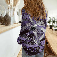 Japanese Hawaiian Crane Women Casual Shirt Purple Tapa Patchwork Pattern