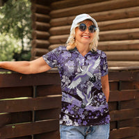 Japanese Hawaiian Crane Women Polo Shirt Purple Tapa Patchwork Pattern LT9 - Polynesian Pride