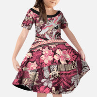 Japanese Hawaiian Crane Family Matching Off Shoulder Short Dress and Hawaiian Shirt Soft Pink Tapa Patchwork Pattern
