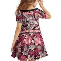 Japanese Hawaiian Crane Family Matching Off Shoulder Short Dress and Hawaiian Shirt Soft Pink Tapa Patchwork Pattern