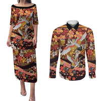 Japanese Hawaiian Crane Couples Matching Puletasi and Long Sleeve Button Shirt Yellow Ochre Tapa Patchwork Pattern