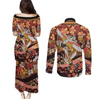 Japanese Hawaiian Crane Couples Matching Puletasi and Long Sleeve Button Shirt Yellow Ochre Tapa Patchwork Pattern