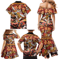 Japanese Hawaiian Crane Family Matching Mermaid Dress and Hawaiian Shirt Yellow Ochre Tapa Patchwork Pattern