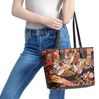 Japanese Hawaiian Crane Leather Tote Bag Yellow Ochre Tapa Patchwork Pattern LT9 - Polynesian Pride