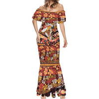 Japanese Hawaiian Crane Mermaid Dress Yellow Ochre Tapa Patchwork Pattern