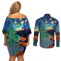 Personalised New Zealand Matariki Art Star Couples Matching Off Shoulder Short Dress and Long Sleeve Button Shirt Koru Fern Night Starry Sky