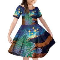Personalised New Zealand Matariki Art Star Family Matching Off The Shoulder Long Sleeve Dress and Hawaiian Shirt Koru Fern Night Starry Sky LT9 Daughter's Dress Black - Polynesian Pride